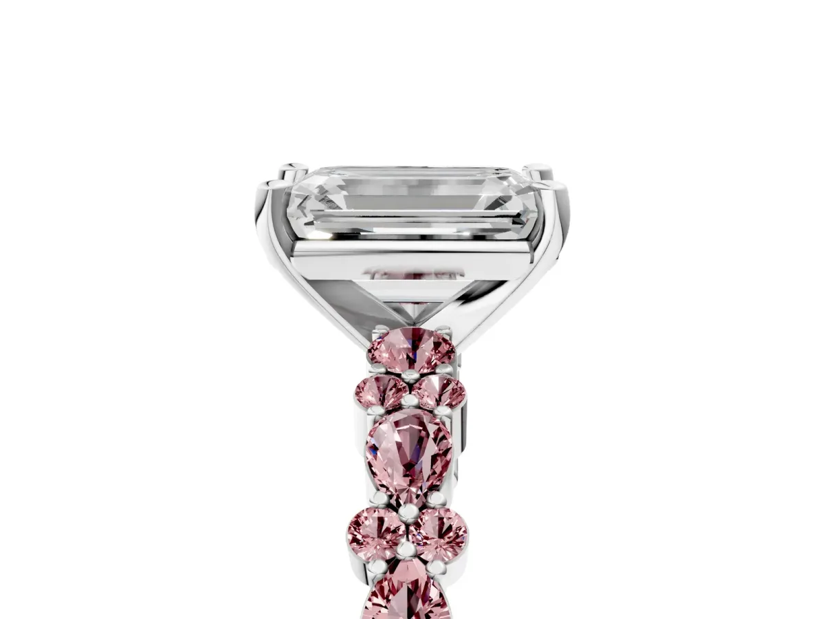 Emerald Cut Diamond Side Stone Solitaire Ring with Round Morganite and Four-Prong Setting Silver