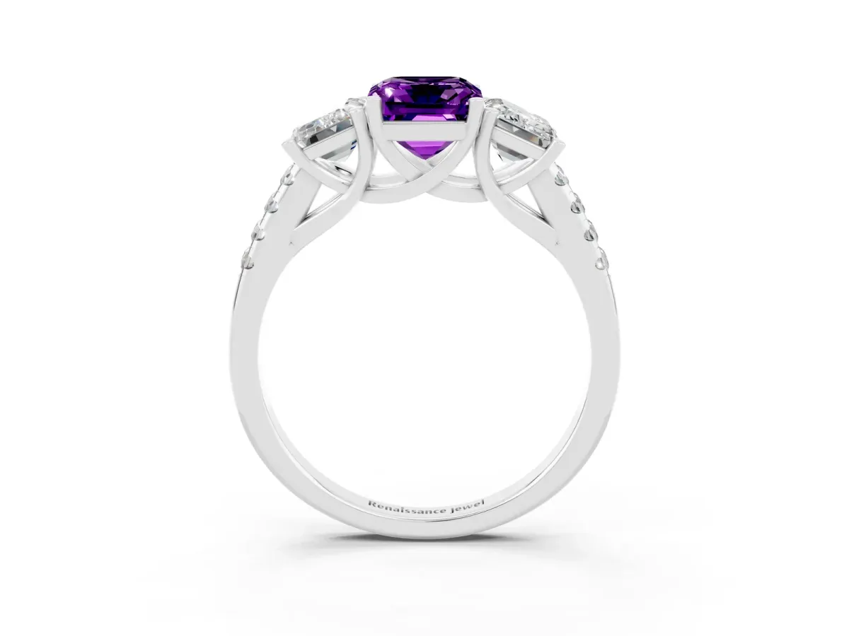 Three-Stone Emerald Cut Amethyst Ring with Round Pavé Band and Prong Setting Silver