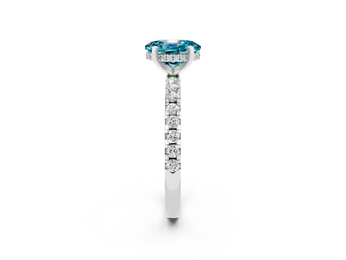 Oval Cut Blue Topaz Solitaire Ring with Round Pavé Band and Four-Prong Setting Platinum