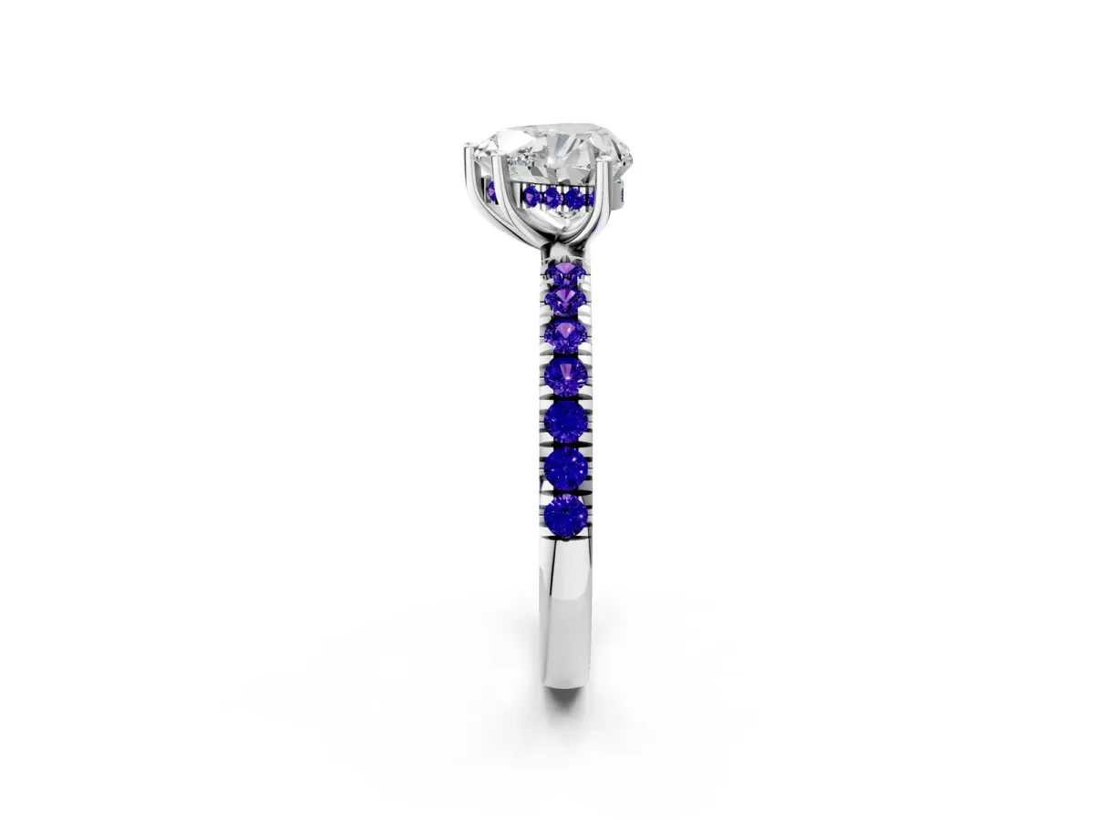 Heart Cut Diamond Pave Band Solitaire Ring with Round Tanzanite and Prong Setting Silver