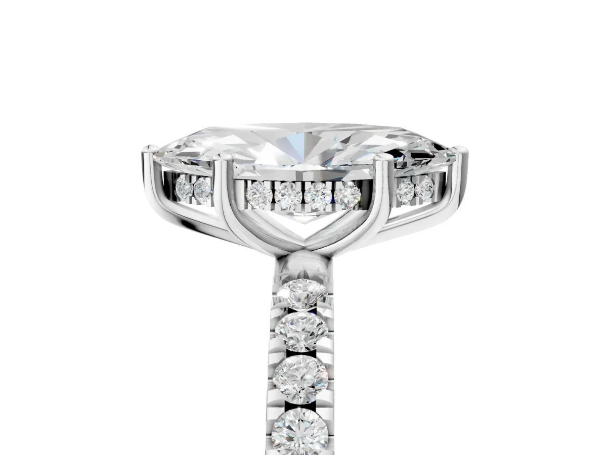 Marquise Cut Diamond Pave Band Solitaire Ring with Round Moissanite and Prong Setting Silver