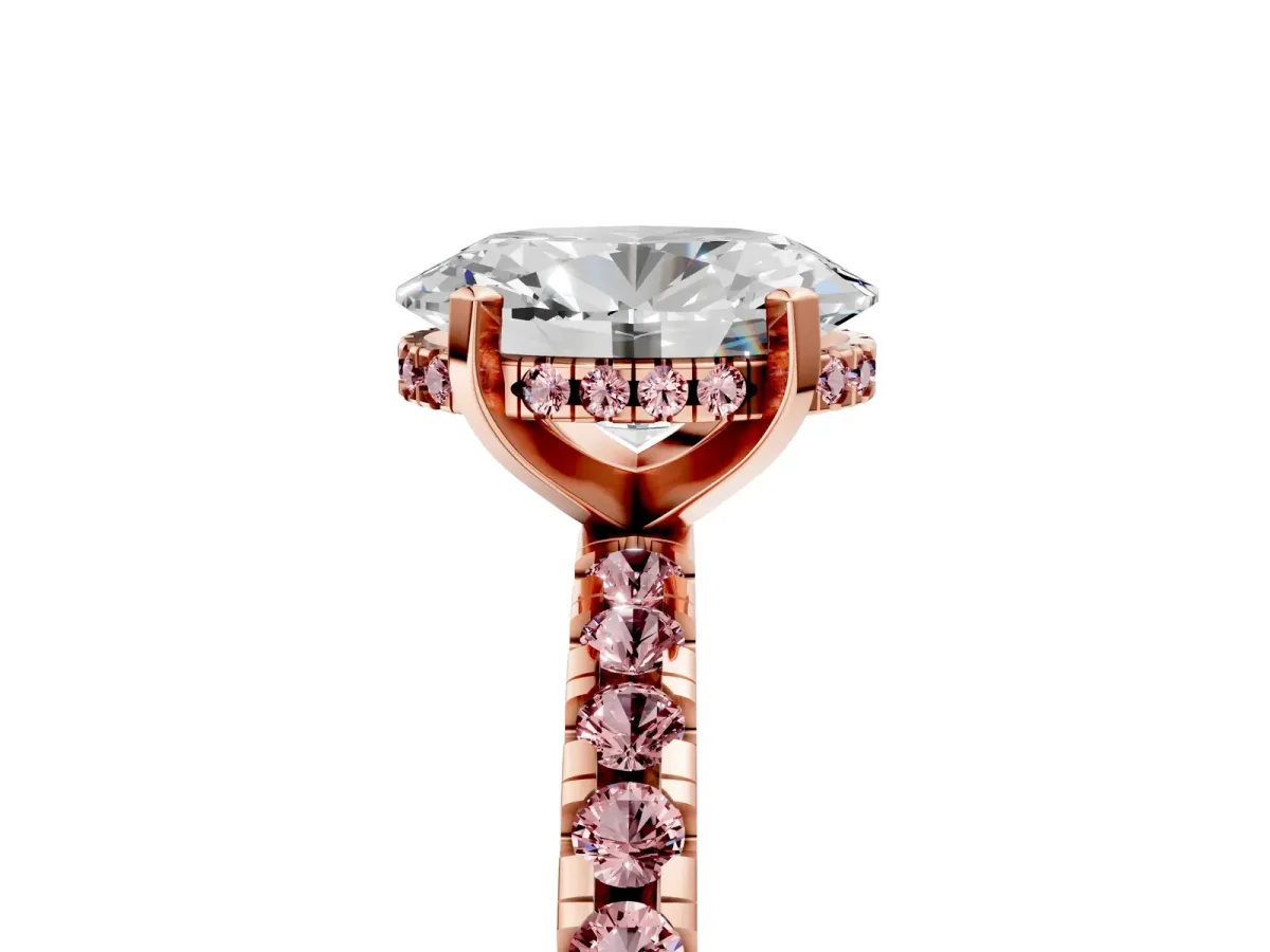 Oval Cut Diamond Solitaire Ring with Round Morganite Pavé Band and Four-Prong Setting Rose gold