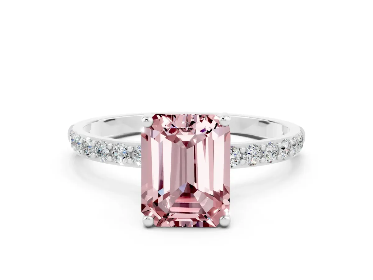 Emerald Cut Morganite Solitaire Ring with Round Pavé Band and Prong Setting Platinum