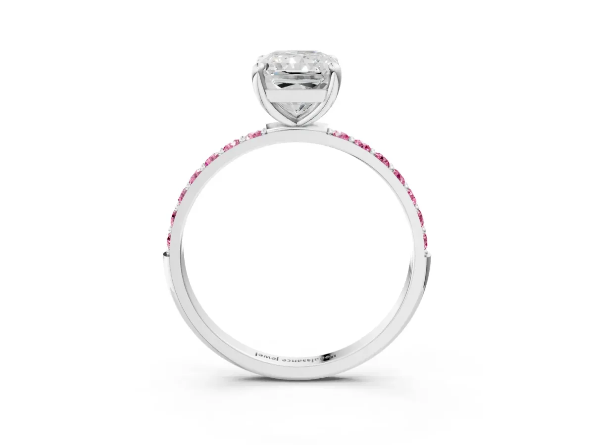 Radiant Cut Diamond Solitaire Ring with Round Pink Sapphire Pavé Band and Prong Setting Silver