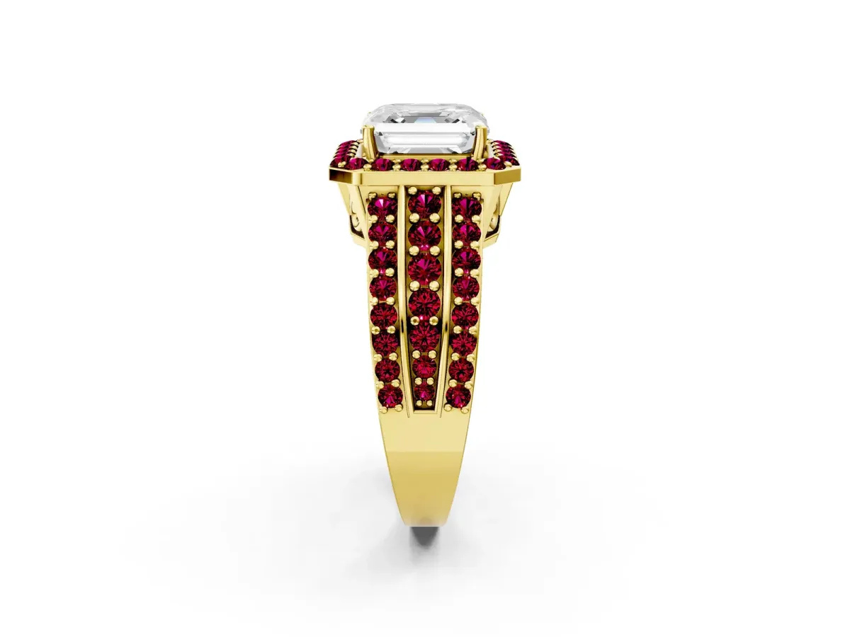 Asscher Cut Halo Diamond Ring with Round Garnet Split Shank and Prong Setting Yellow gold