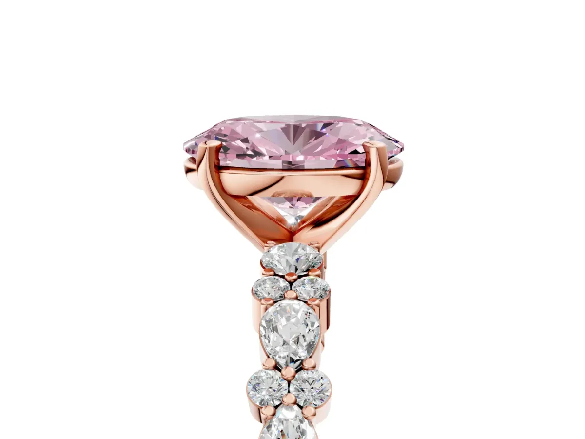 Fancy Pink Oval Cut Diamond Side Stone Solitaire Ring with Round and Four-Prong Setting Rose gold