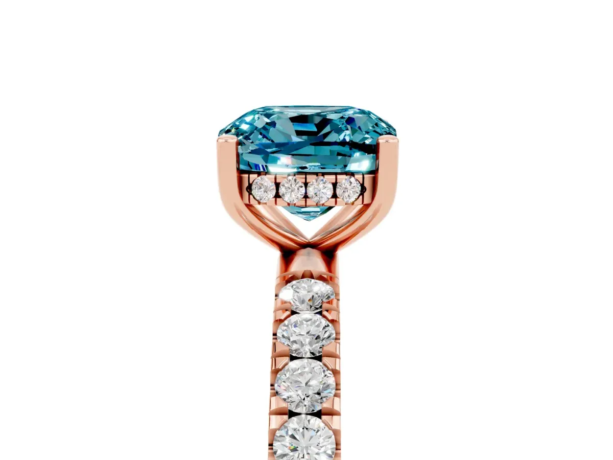 Cushion Cut Blue Topaz Pave Band Solitaire Ring with Round and Prong Setting Rose gold