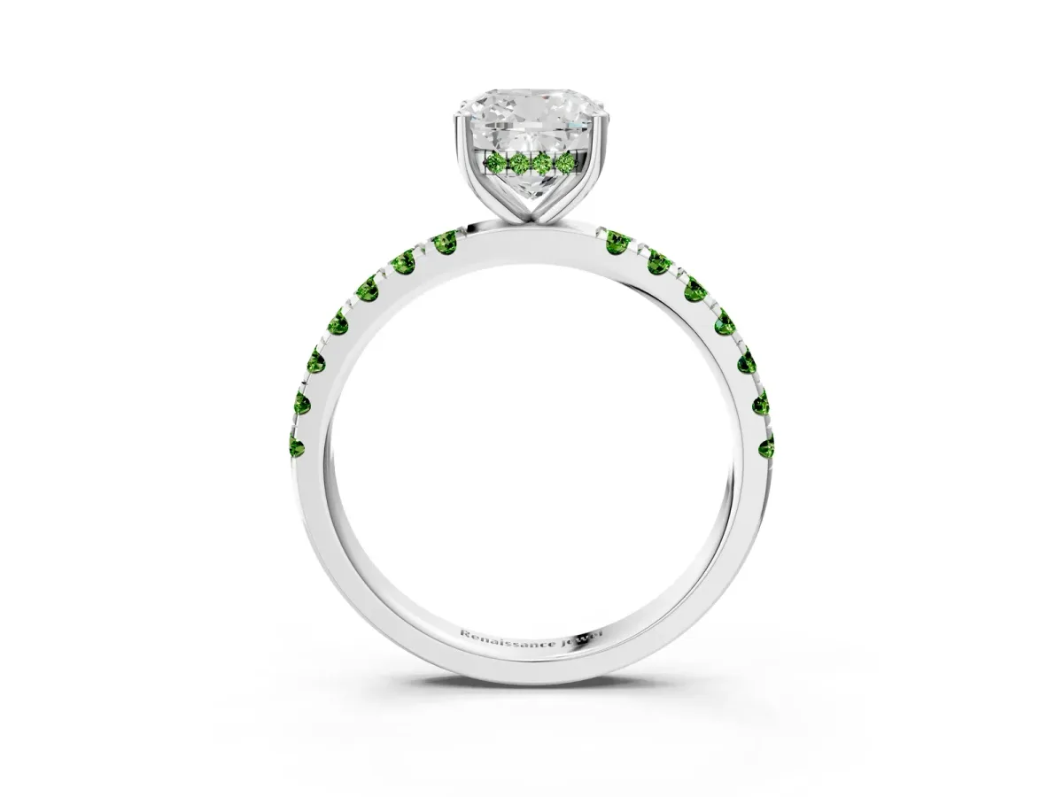 Cushion Cut Diamond Pave Band Solitaire Ring with Round Peridot and Prong Setting Silver