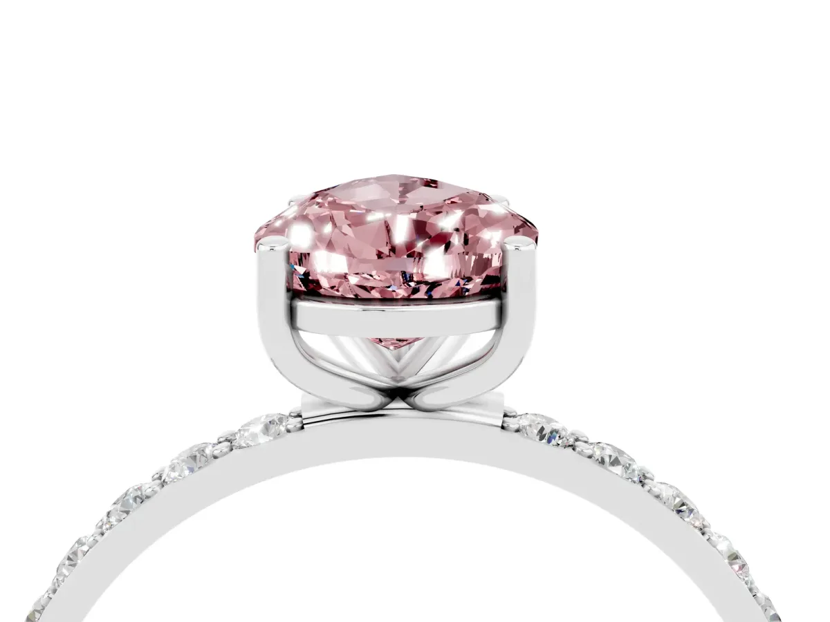 Pear Cut Morganite Solitaire Ring with Round Pavé Band and Prong Setting Platinum
