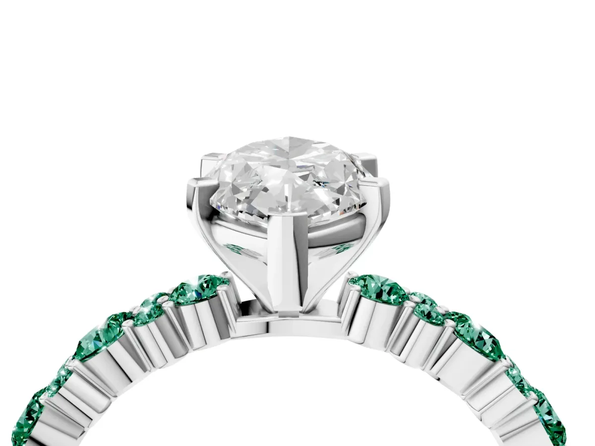 Marquise Cut Diamond Side Stone Solitaire Ring with Round Green Sapphire and Four-Prong Setting Platinum