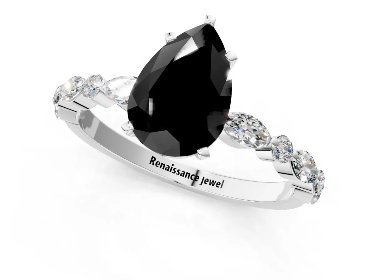 Fancy Black Pear Cut Diamond Ring with Marquise and Round Side Stones and Four-Prong Setting Platinum