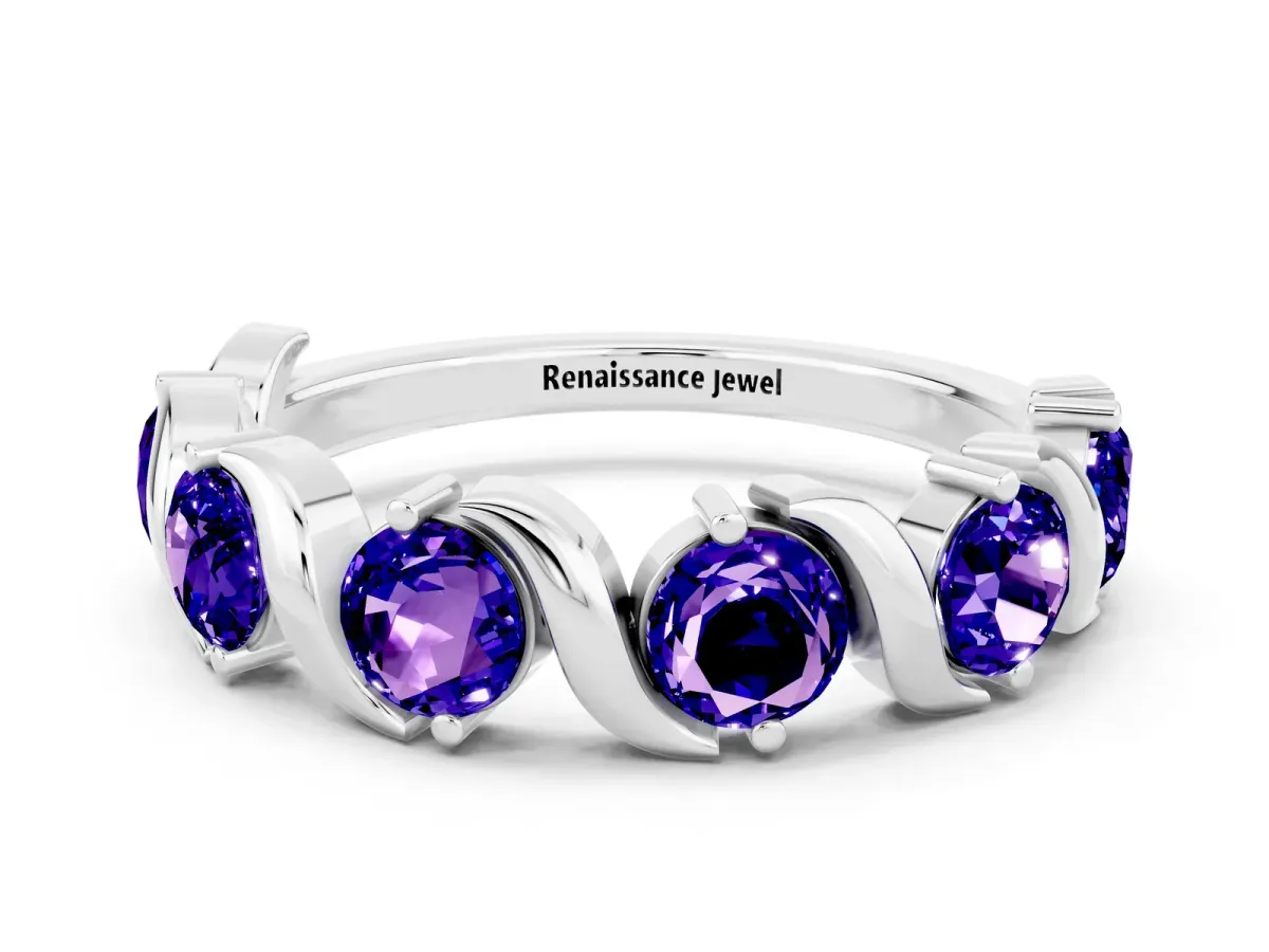 Round Tanzanite Half Eternity Band with Wave Prong Setting Silver