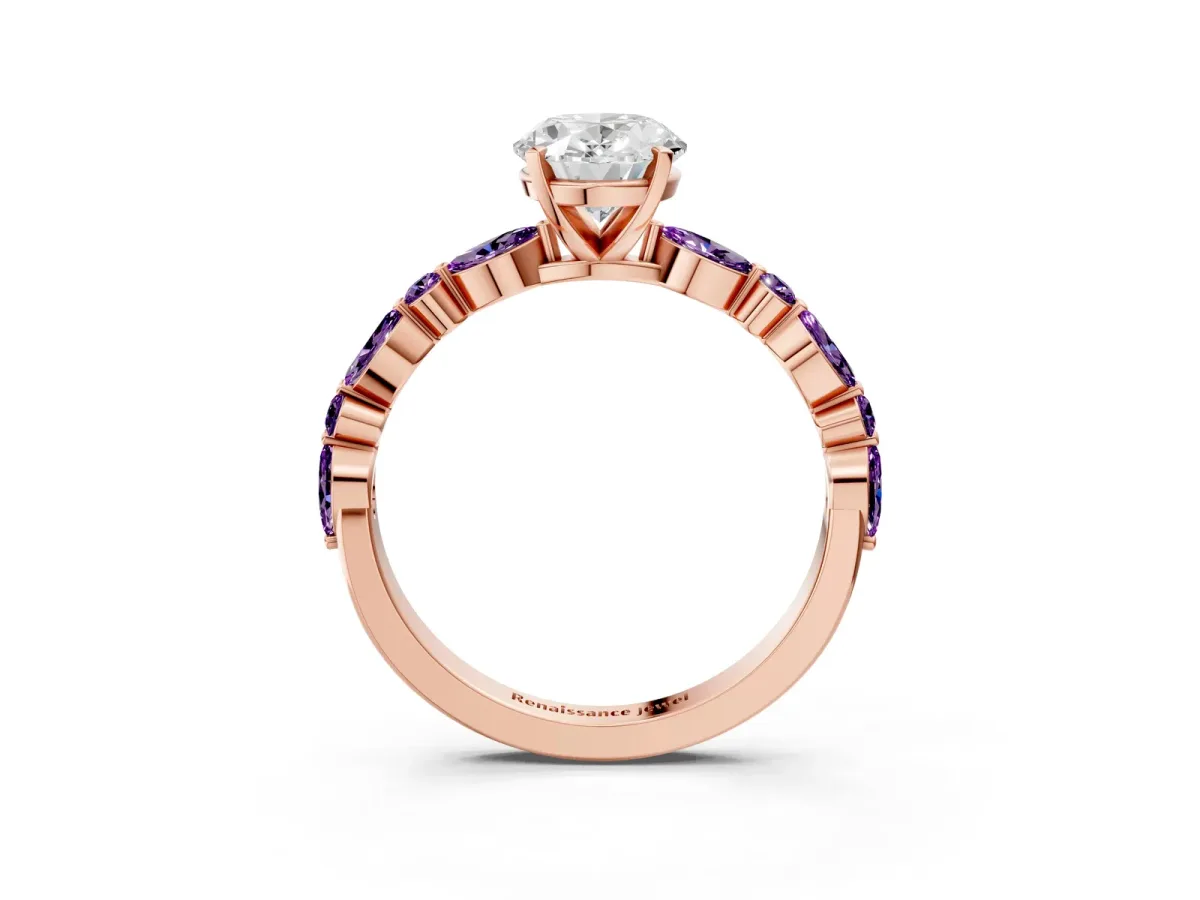 Oval Cut Diamond Ring with Marquise and Round Amethyst Side Stones and Four-Prong Setting Rose gold