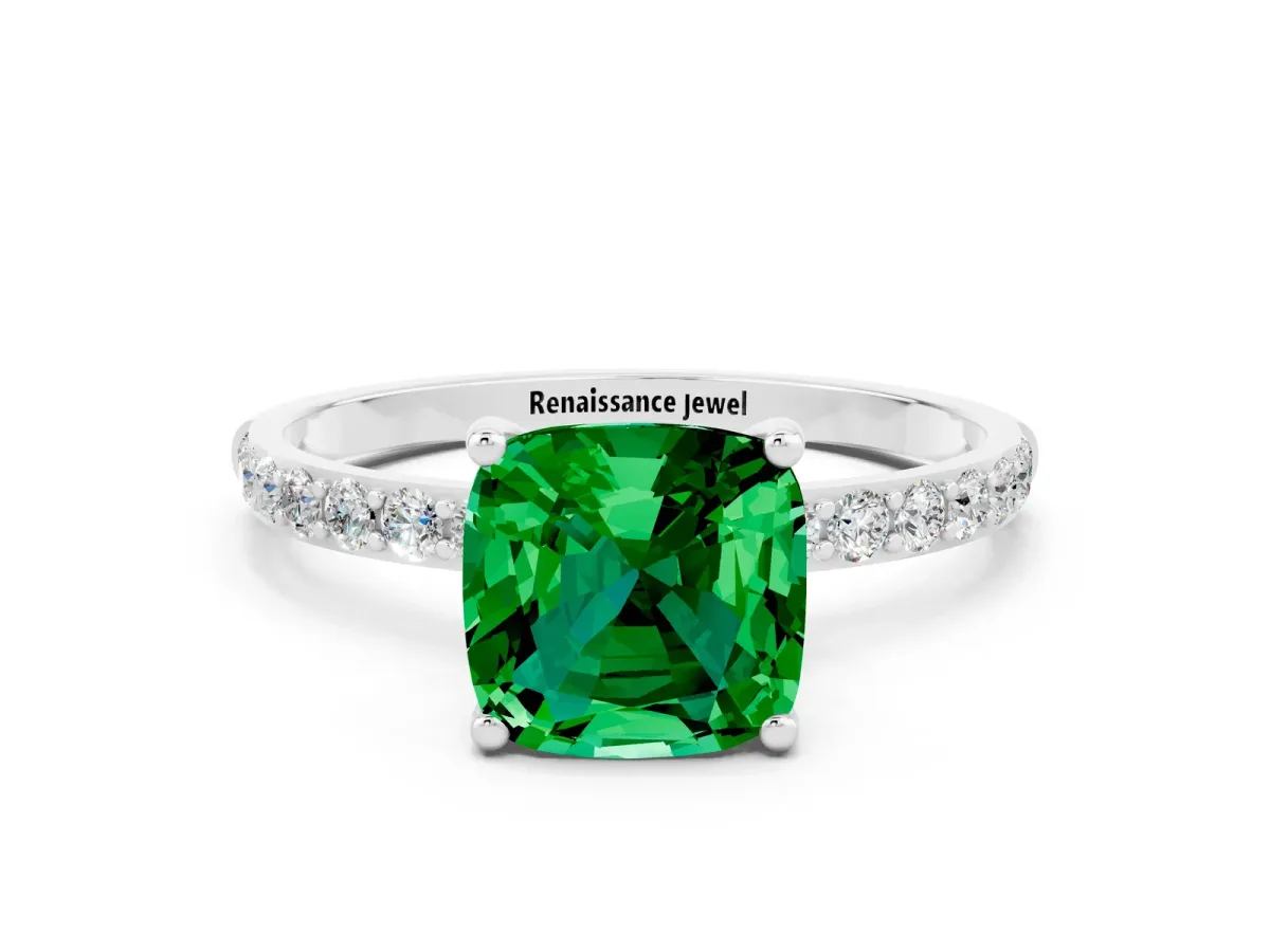 Cushion Cut Emerald Solitaire Ring with Round Pavé Band and Prong Setting White gold