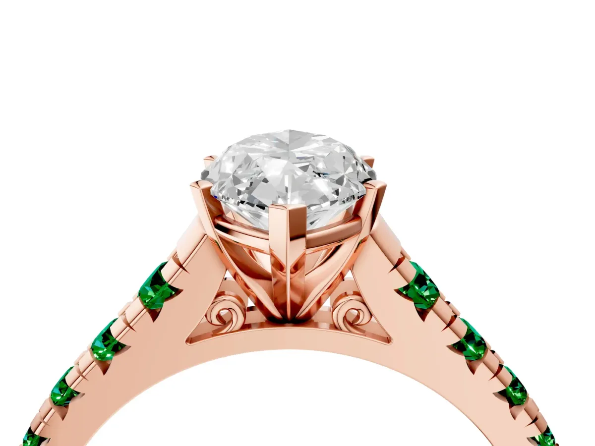 Marquise Cut Diamond Cathedral Solitaire Ring with Round Emerald Pavé Band Rose gold