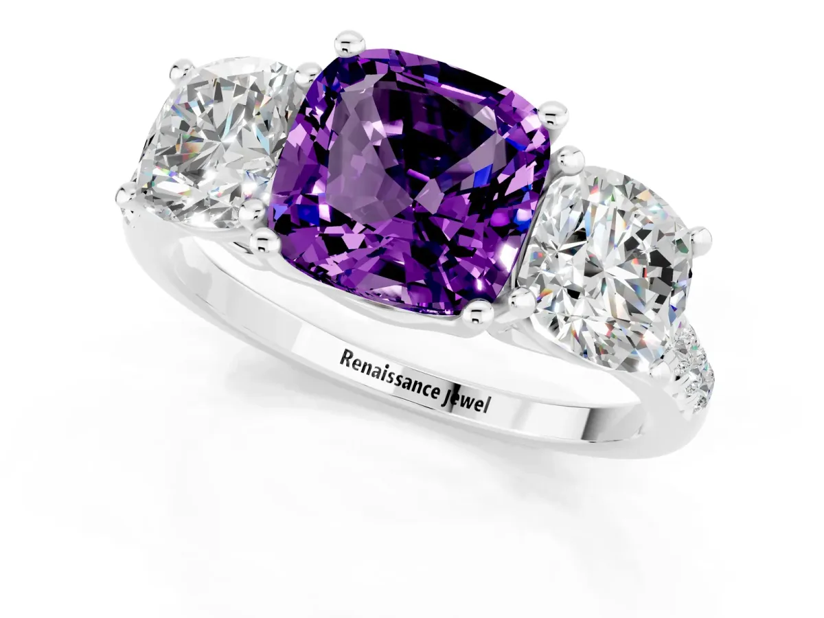 Three-Stone Cushion Cut Amethyst Ring with Round Pavé Band and Prong Setting Platinum