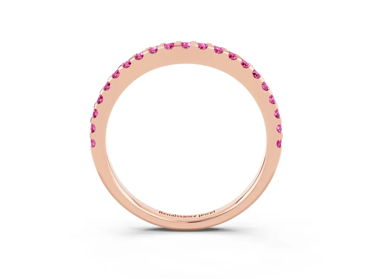 Round Pink Sapphire Pavé Curved Wedding Band Rose gold
