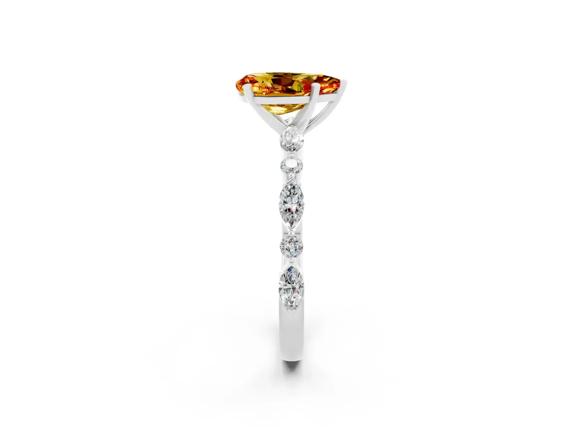 Pear Cut Citrine Ring with Marquise and Round Side Stones and Four-Prong Setting Platinum