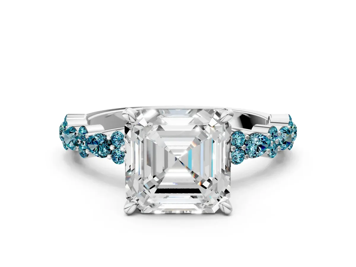 Asscher Cut Diamond Side Stone Solitaire Ring with Round Blue Topaz and Four-Prong Setting Platinum