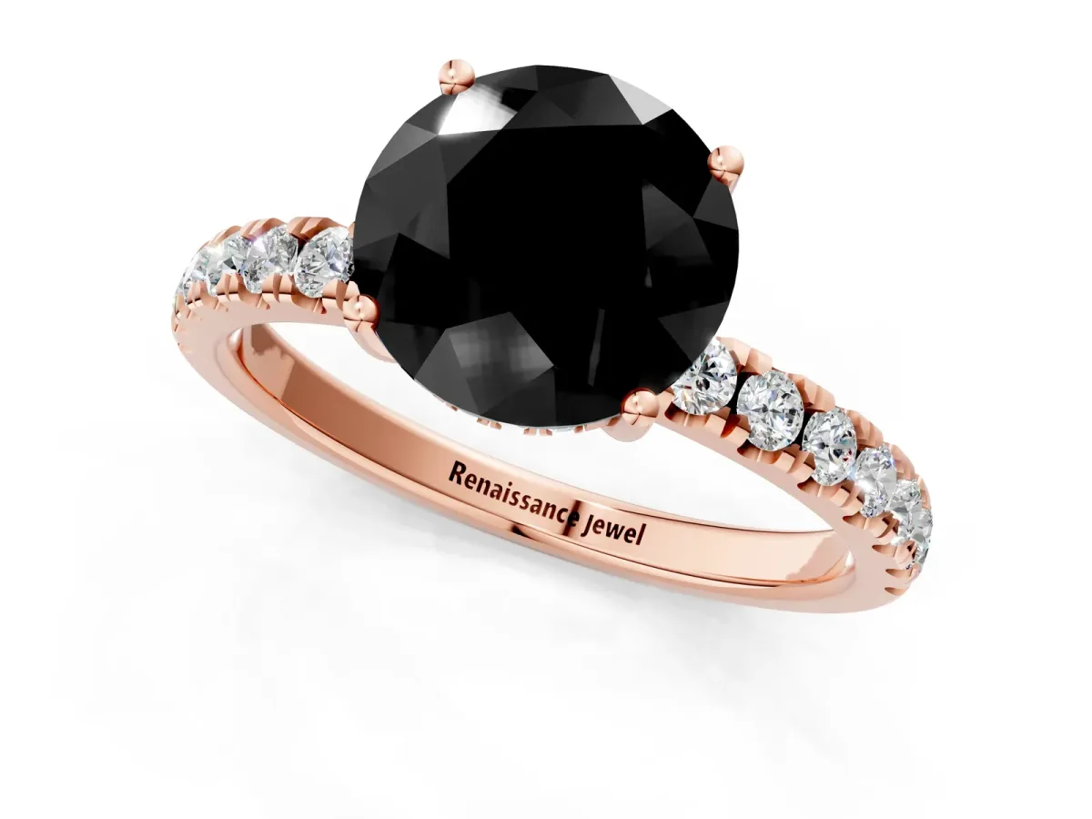Fancy Black Round Cut Diamond Pave Band Solitaire Ring with Round and Prong Setting Rose gold