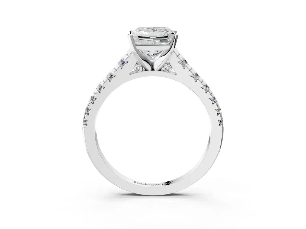Princess Cut Diamond Cathedral Solitaire Ring with Round Pavé Band Platinum