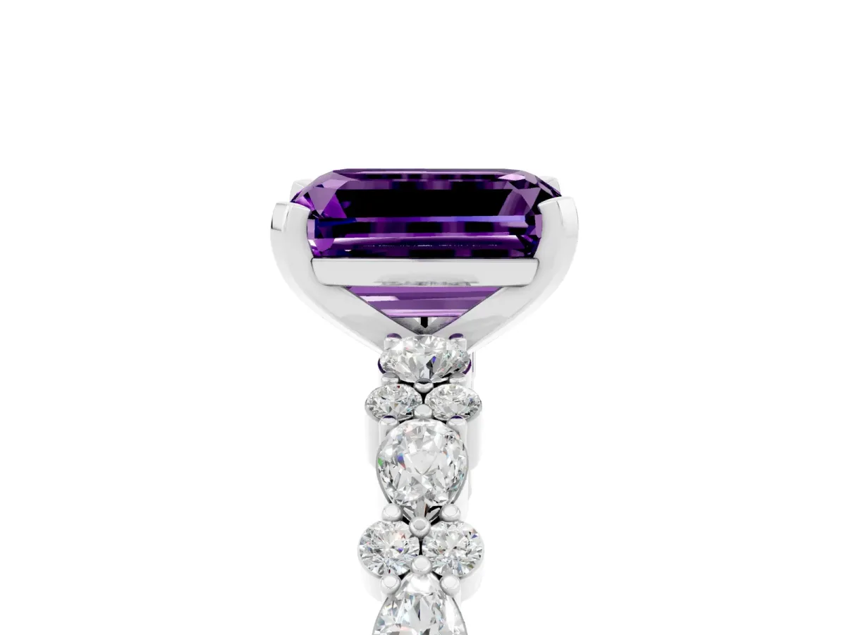 Emerald Cut Amethyst Side Stone Solitaire Ring with Round and Four-Prong Setting White gold
