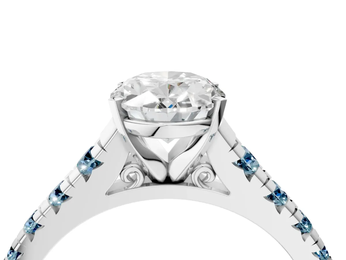 Oval Cut Diamond Cathedral Solitaire Ring with Round Aquamarine Pavé Band Silver