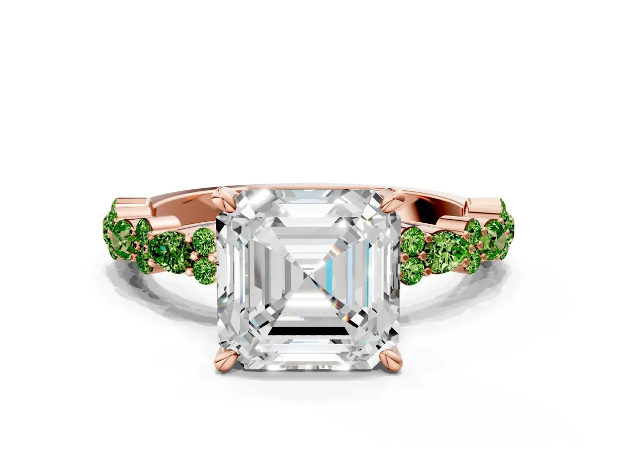 Asscher Cut Diamond Side Stone Solitaire Ring with Round Peridot and Four-Prong Setting Rose gold