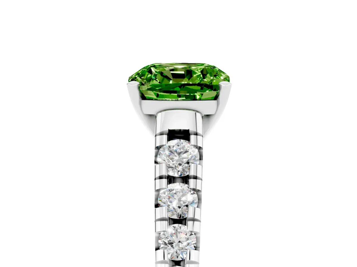 Cushion Cut Peridot Cathedral Solitaire Ring with Round Pavé Band Silver