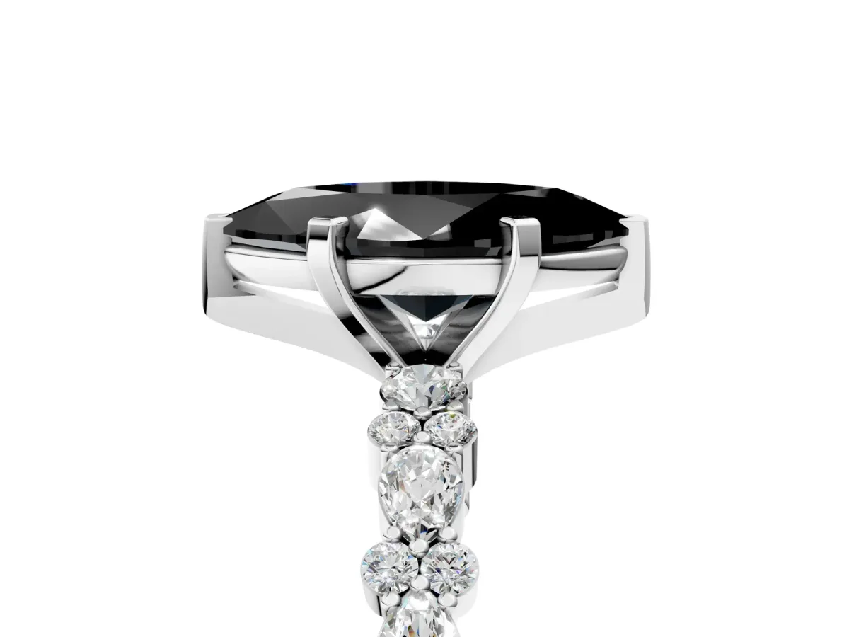 Fancy Black Marquise Cut Diamond Side Stone Solitaire Ring with Round and Four-Prong Setting White gold