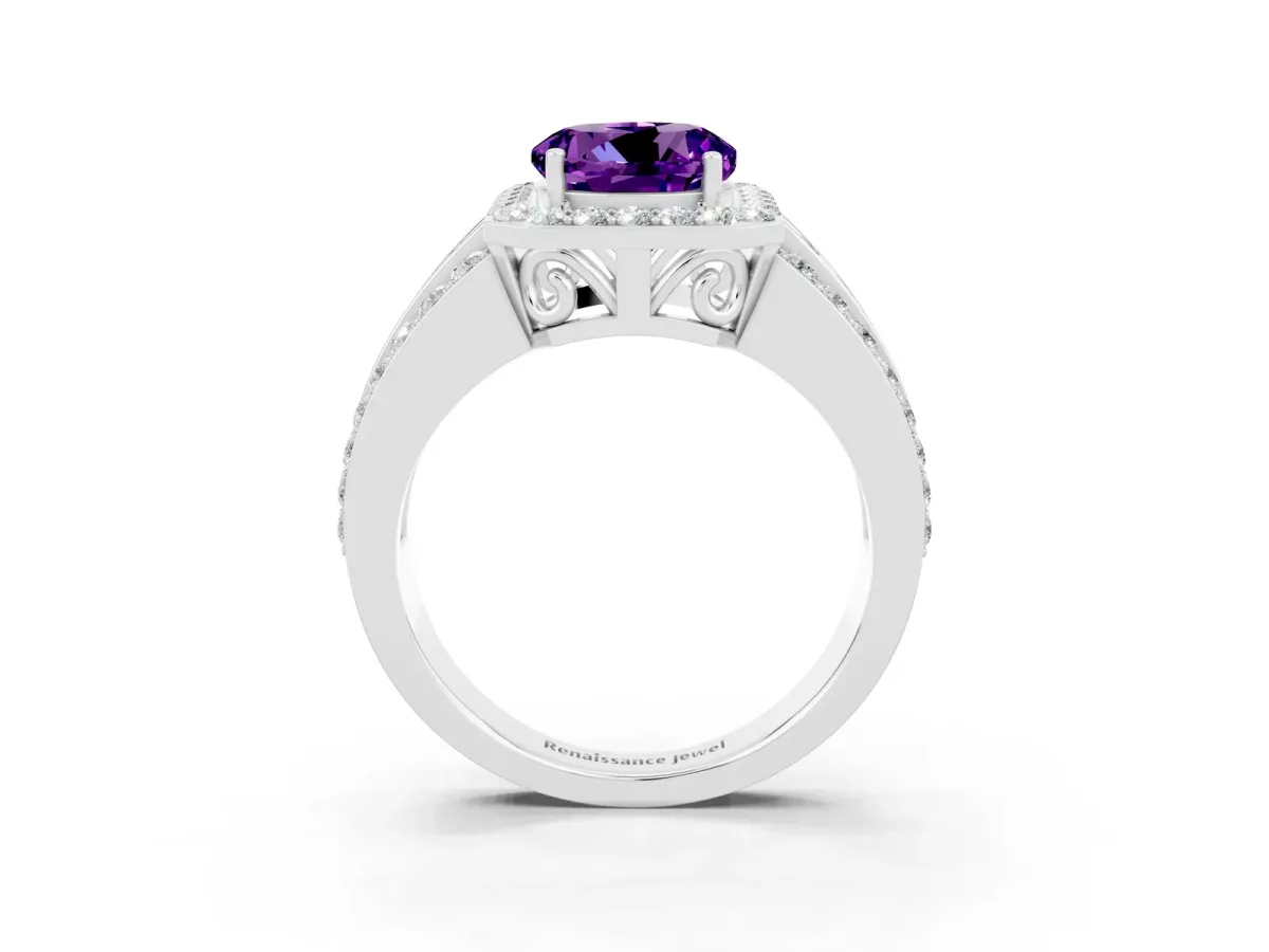 Round Cut Halo Amethyst Ring with Round Split Shank and Prong Setting White gold