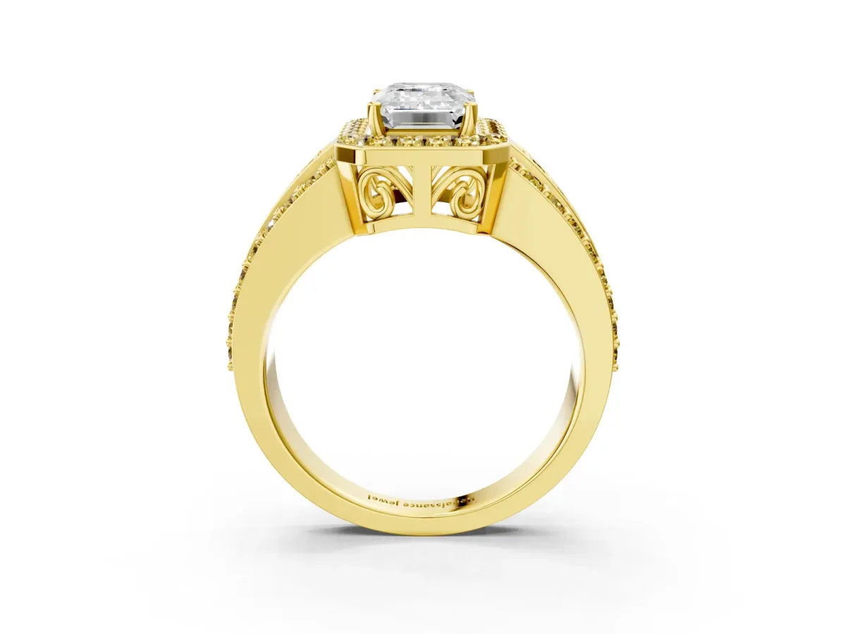 Emerald Cut Halo Diamond Ring with Round Yellow Sapphire Split Shank and Prong Setting Yellow gold