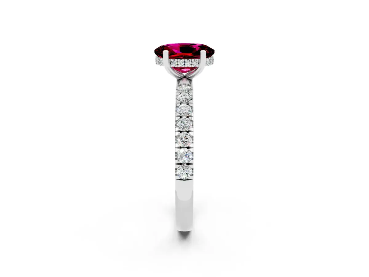 Oval Cut Garnet Pave Band Solitaire Ring with Round and Prong Setting White gold