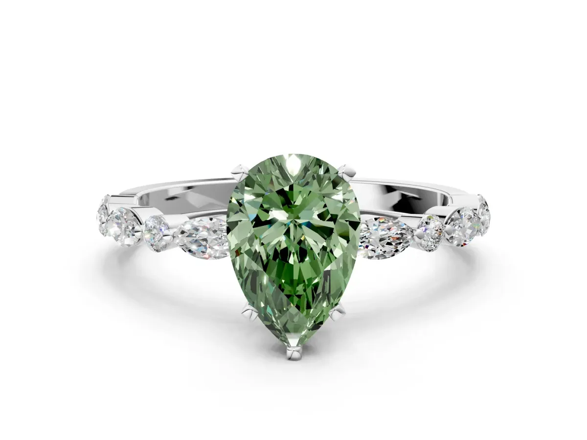 Fancy Green Pear Cut Diamond Ring with Marquise and Round Side Stones and Four-Prong Setting Platinum