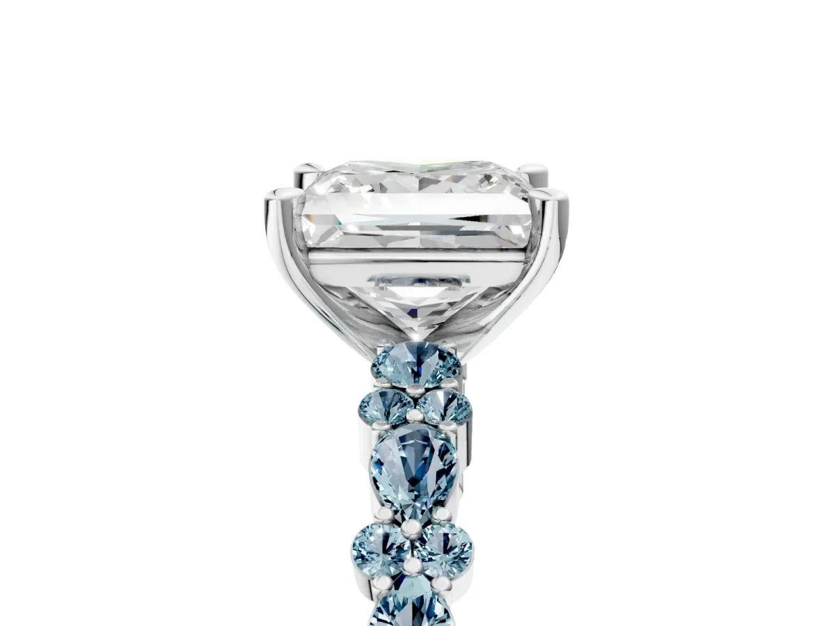 Princess Cut Diamond Side Stone Solitaire Ring with Round Aquamarine and Four-Prong Setting Platinum
