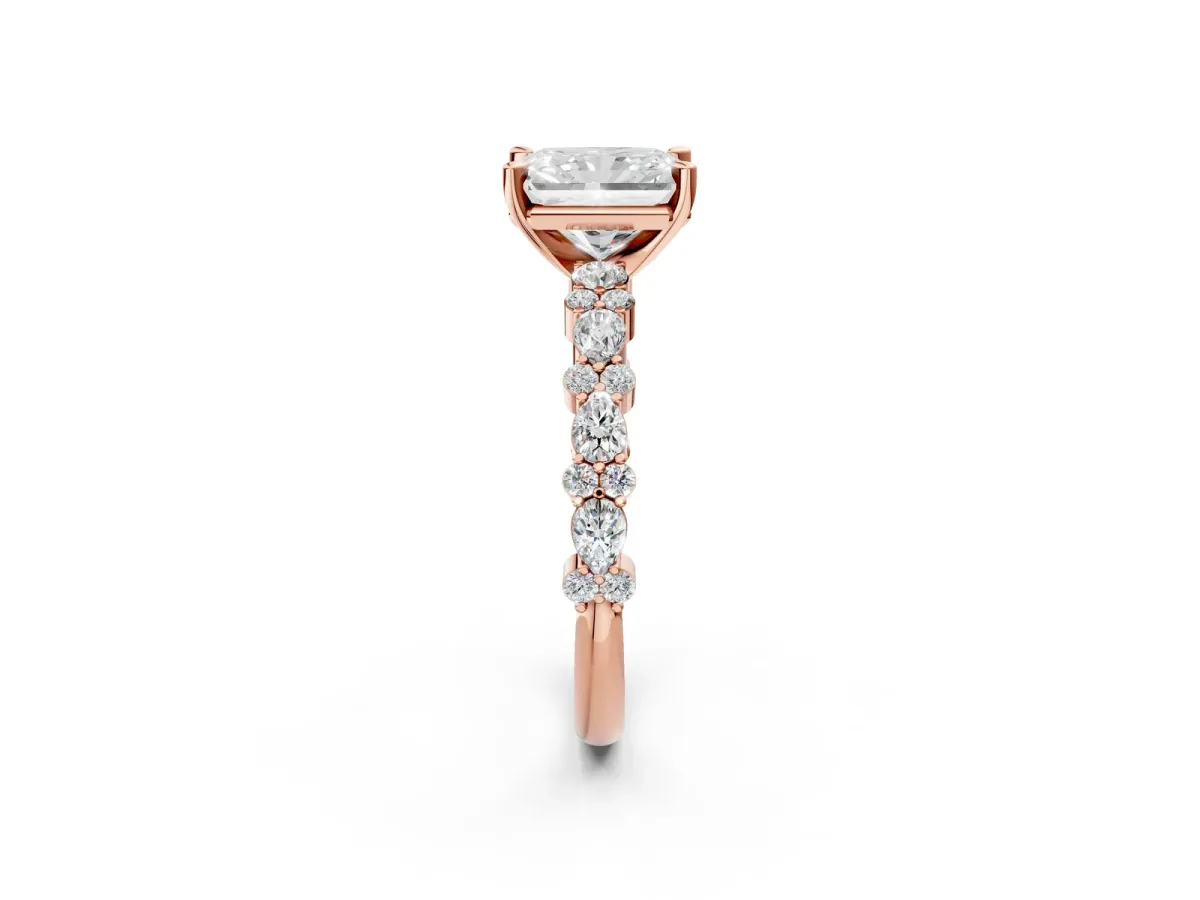 Radiant Cut Diamond Side Stone Solitaire Ring with Round Moissanite and Four-Prong Setting Rose gold