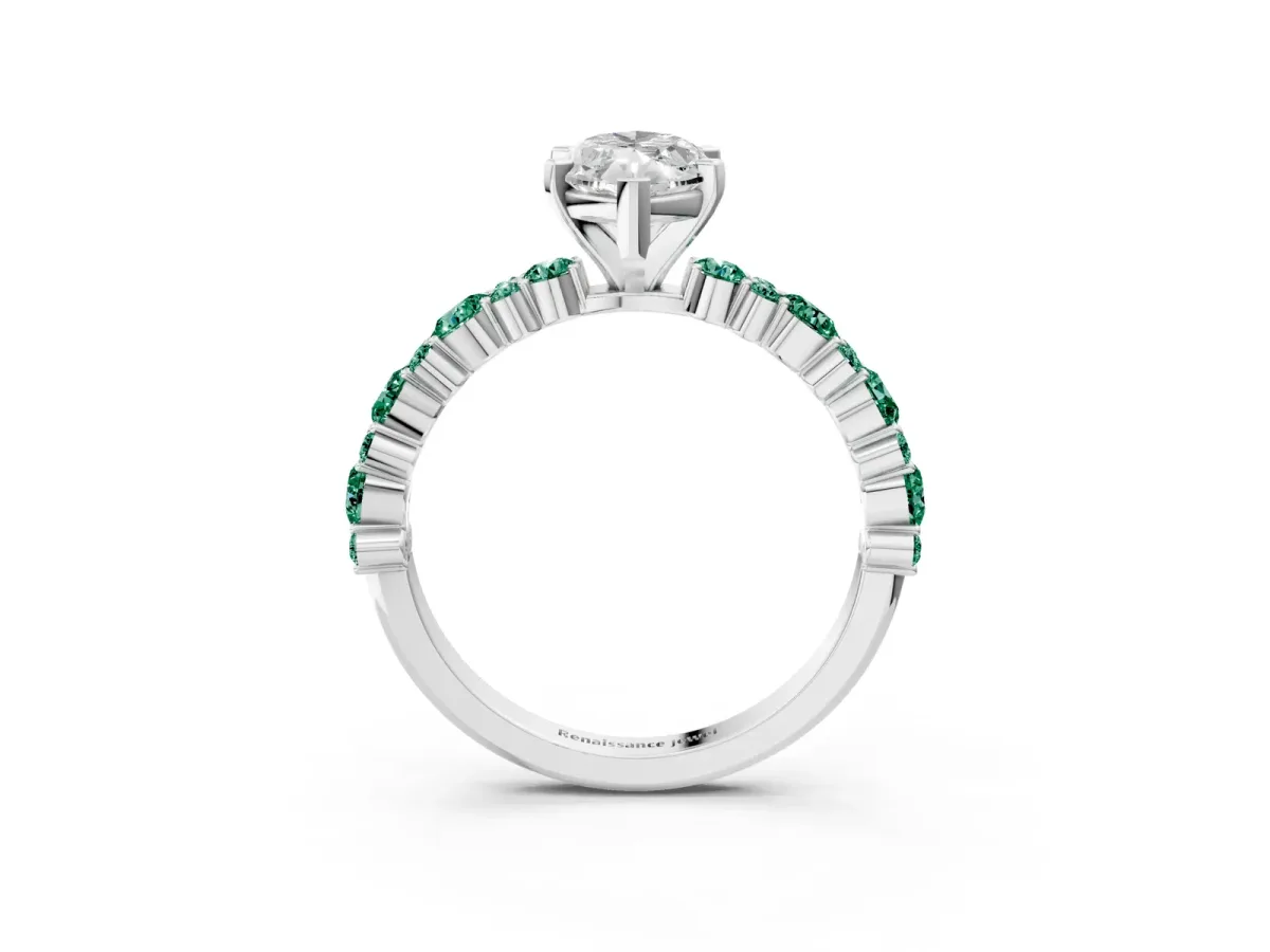 Marquise Cut Diamond Side Stone Solitaire Ring with Round Green Sapphire and Four-Prong Setting Platinum