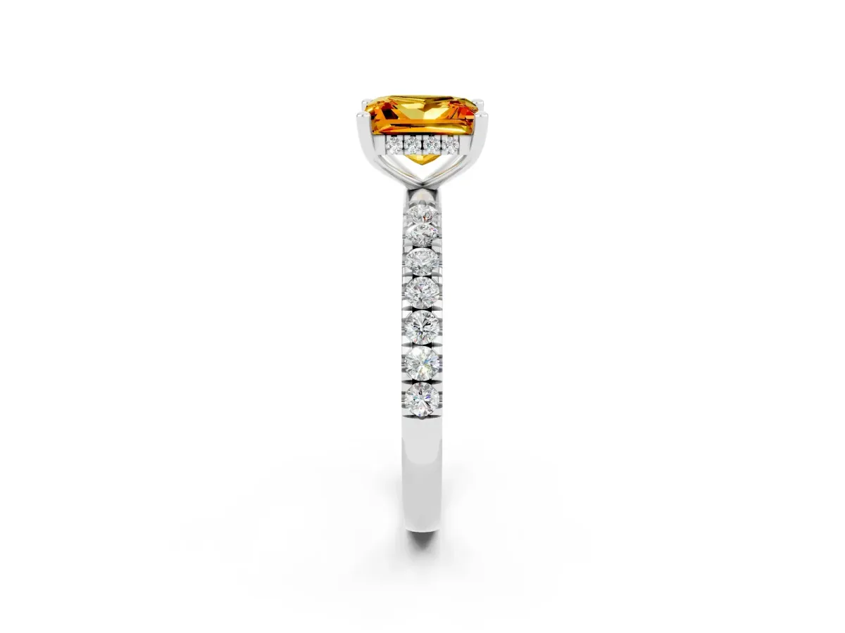 Princess Cut Citrine Pave Band Solitaire Ring with Round and Prong Setting Platinum