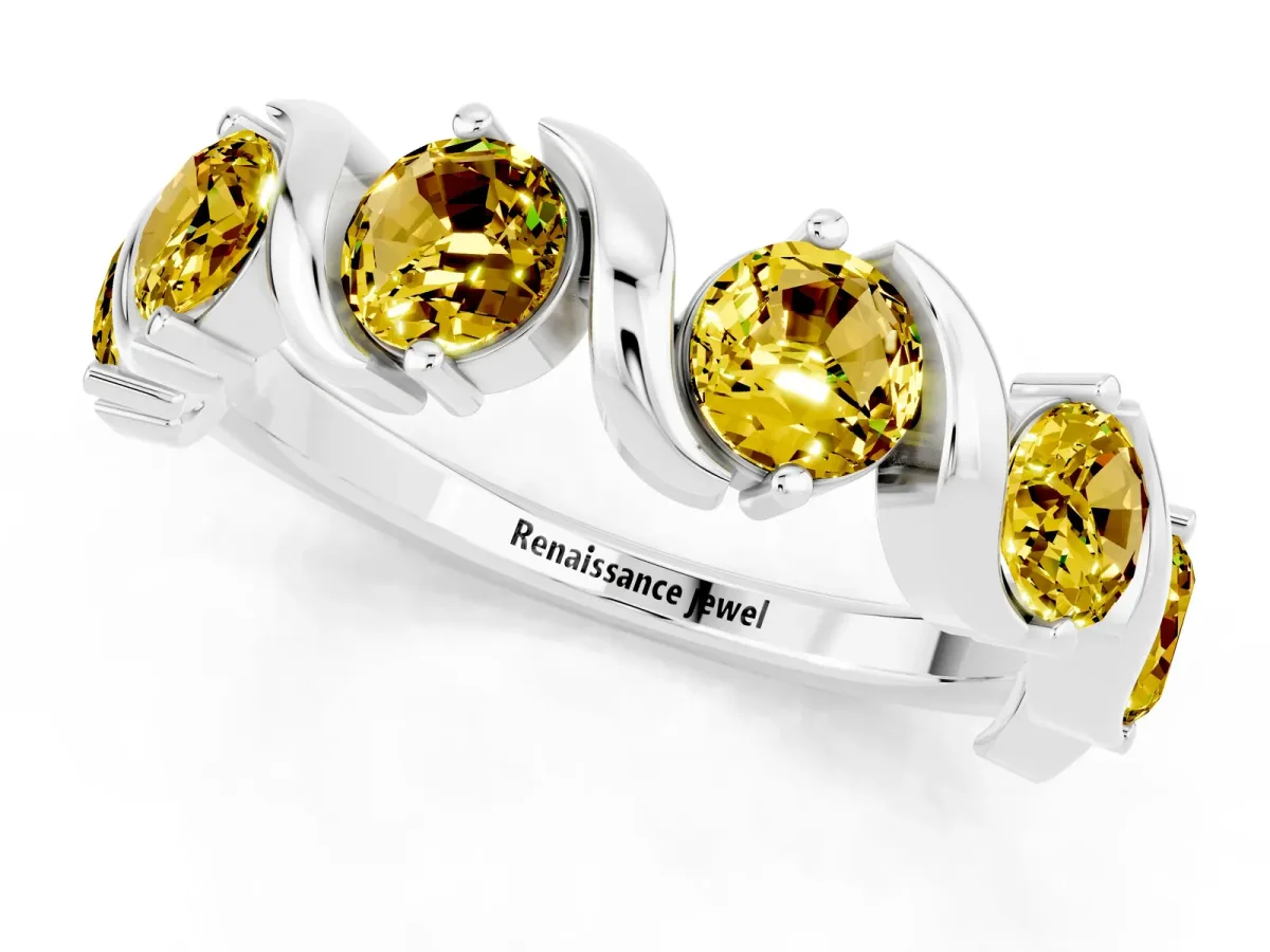 Round Yellow Sapphire Half Eternity Band with Wave Prong Setting White gold