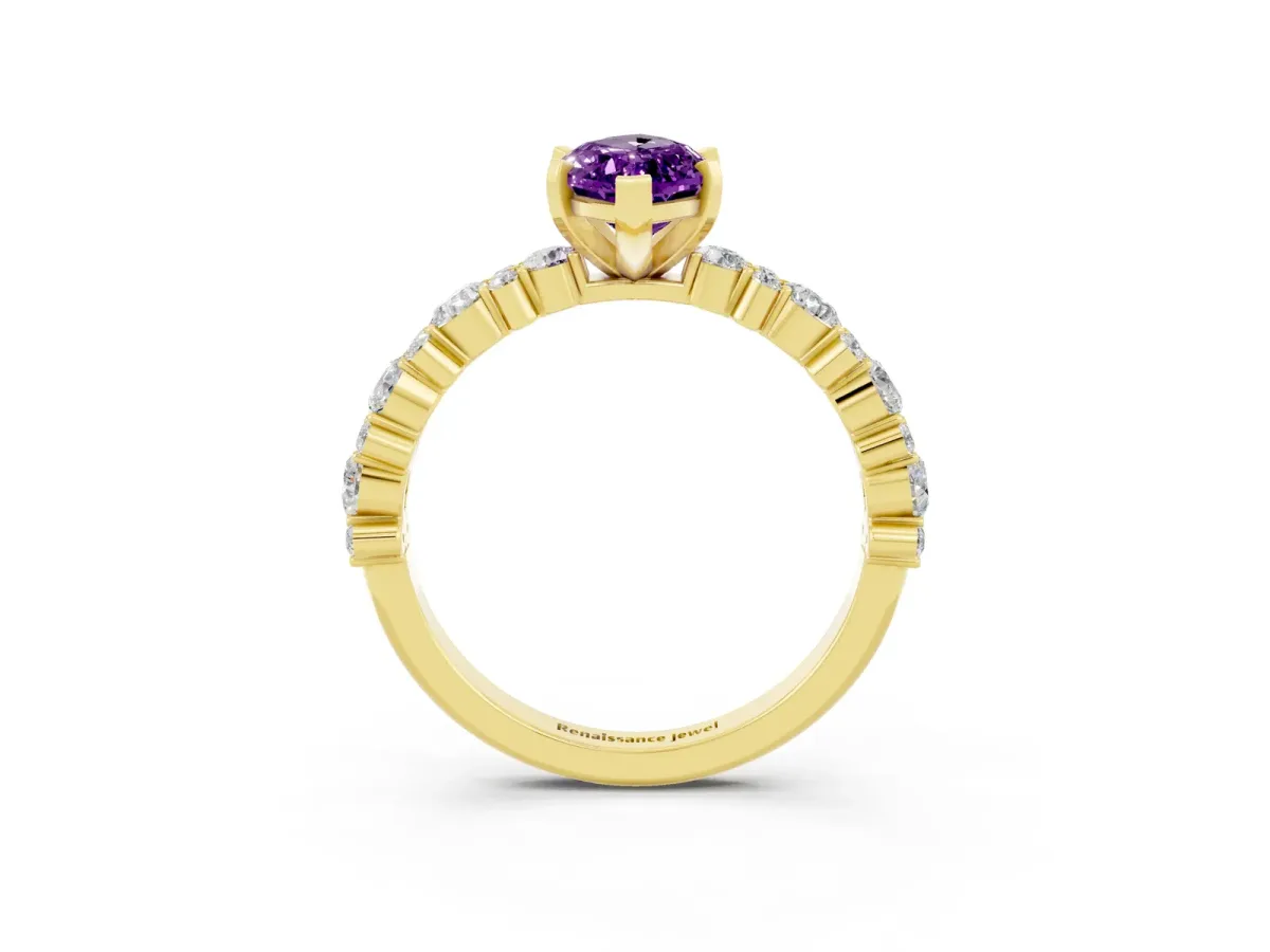 Marquise Cut Amethyst Side Stone Solitaire Ring with Round and Four-Prong Setting Yellow gold