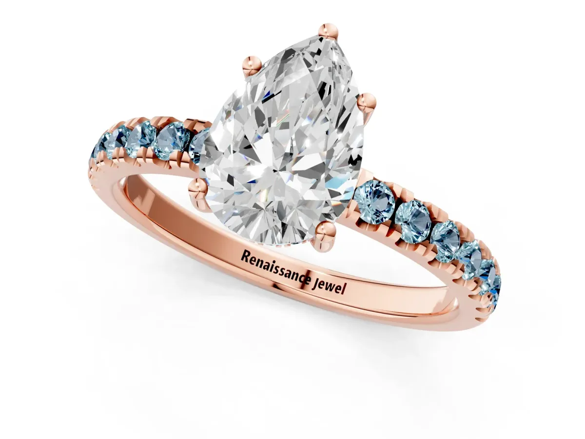 Pear Cut Diamond Pave Band Solitaire Ring with Round Aquamarine and Prong Setting Rose gold