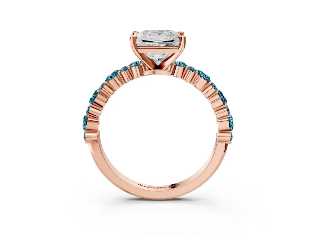 Princess Cut Diamond Side Stone Solitaire Ring with Round Blue Topaz and Four-Prong Setting Rose gold