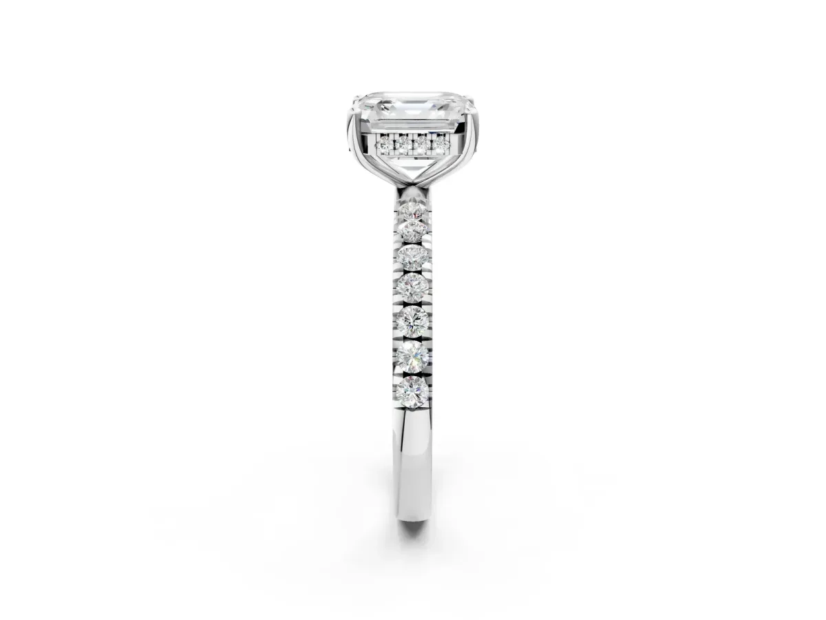 Asscher Cut Diamond Pave Band Solitaire Ring with Round Moissanite and Prong Setting Platinum
