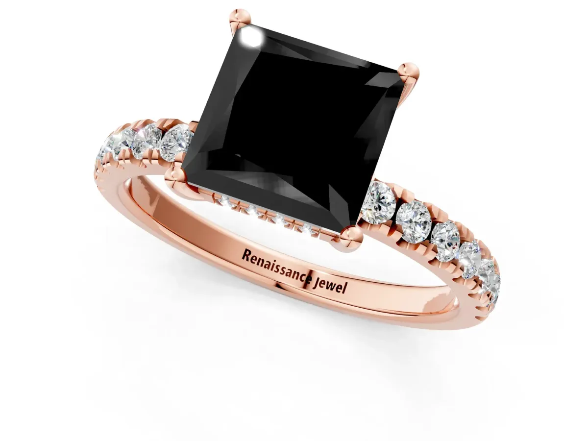 Fancy Black Princess Cut Diamond Pave Band Solitaire Ring with Round and Prong Setting Rose gold