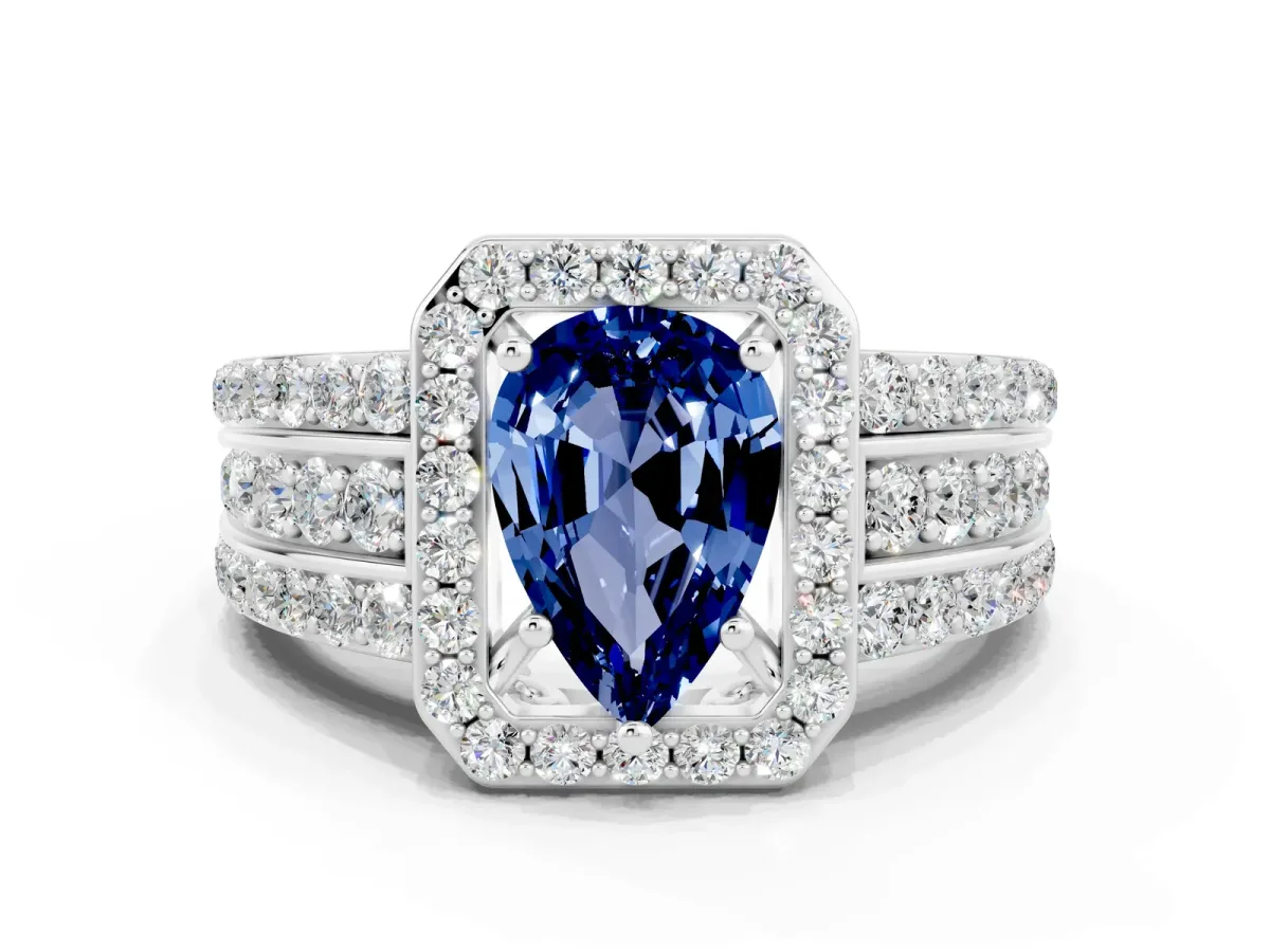 Pear Cut Halo Blue Sapphire Ring with Round Split Shank and Prong Setting Silver