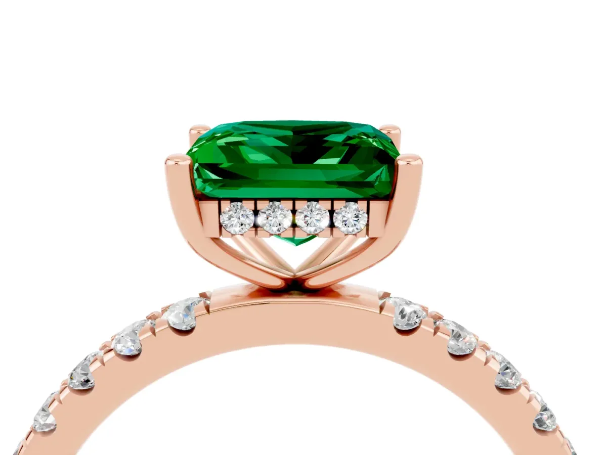 Princess Cut Emerald Pave Band Solitaire Ring with Round and Prong Setting Rose gold