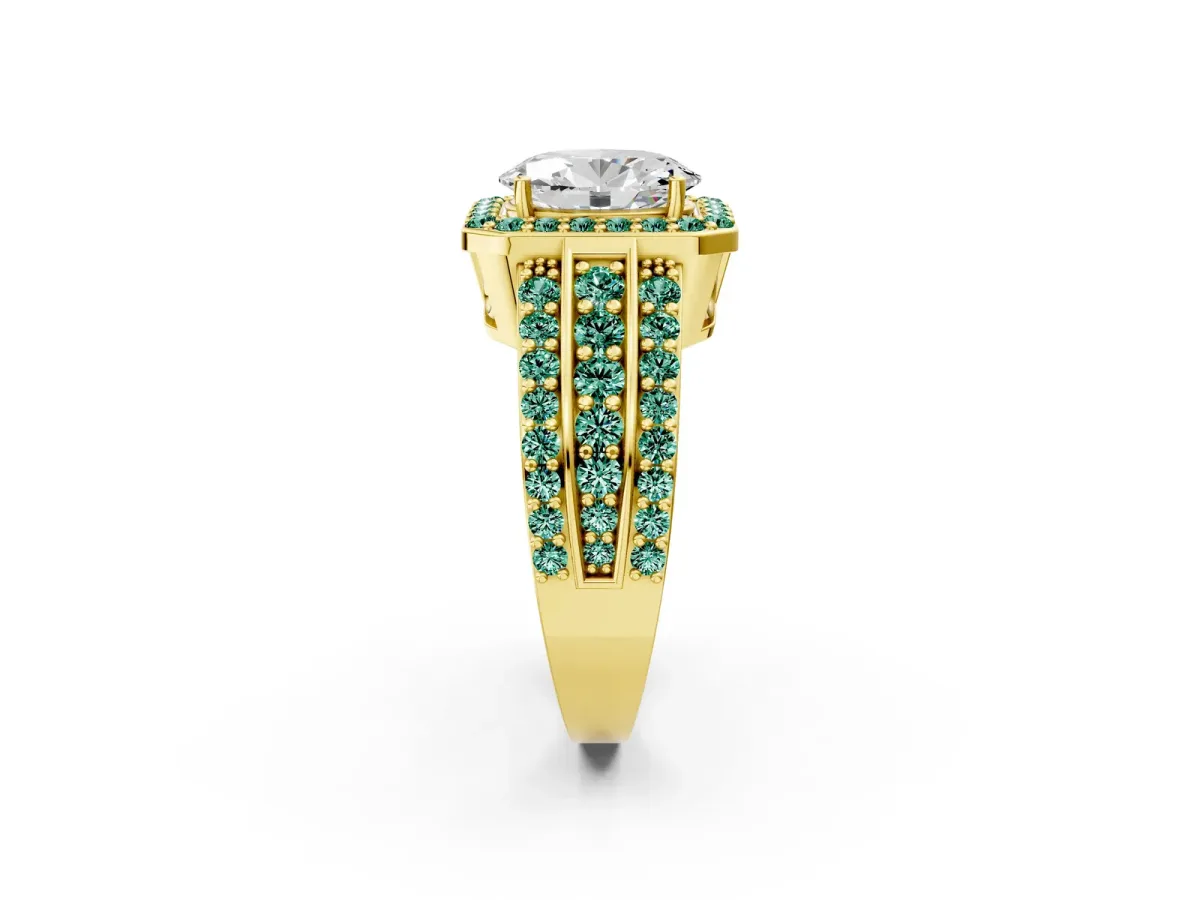 Oval Cut Halo Diamond Ring with Round Green Sapphire Split Shank and Prong Setting Yellow gold