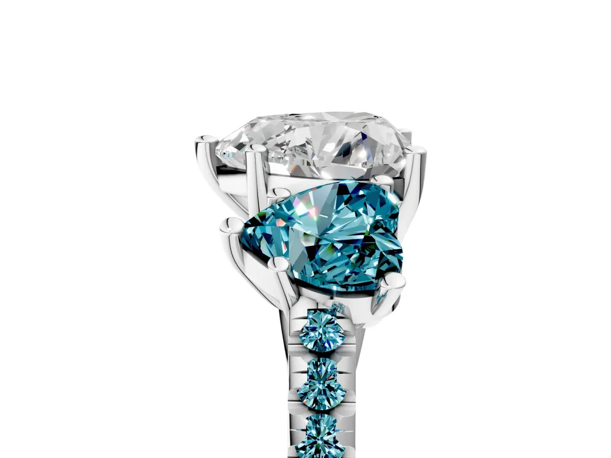 Three-Stone Heart Cut Diamond Ring with Round Blue Topaz Pavé Band and Prong Setting Silver