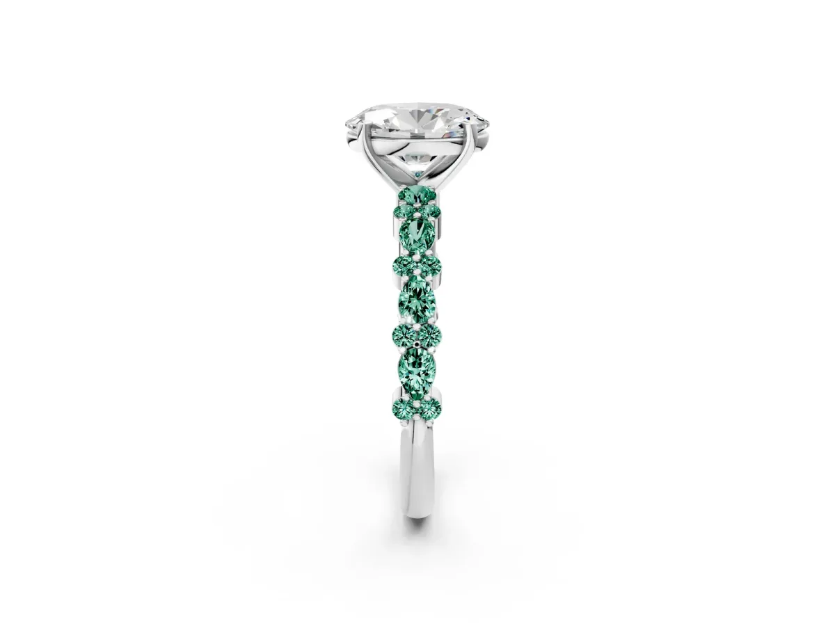 Oval Cut Diamond Side Stone Solitaire Ring with Round Green Sapphire and Four-Prong Setting White gold