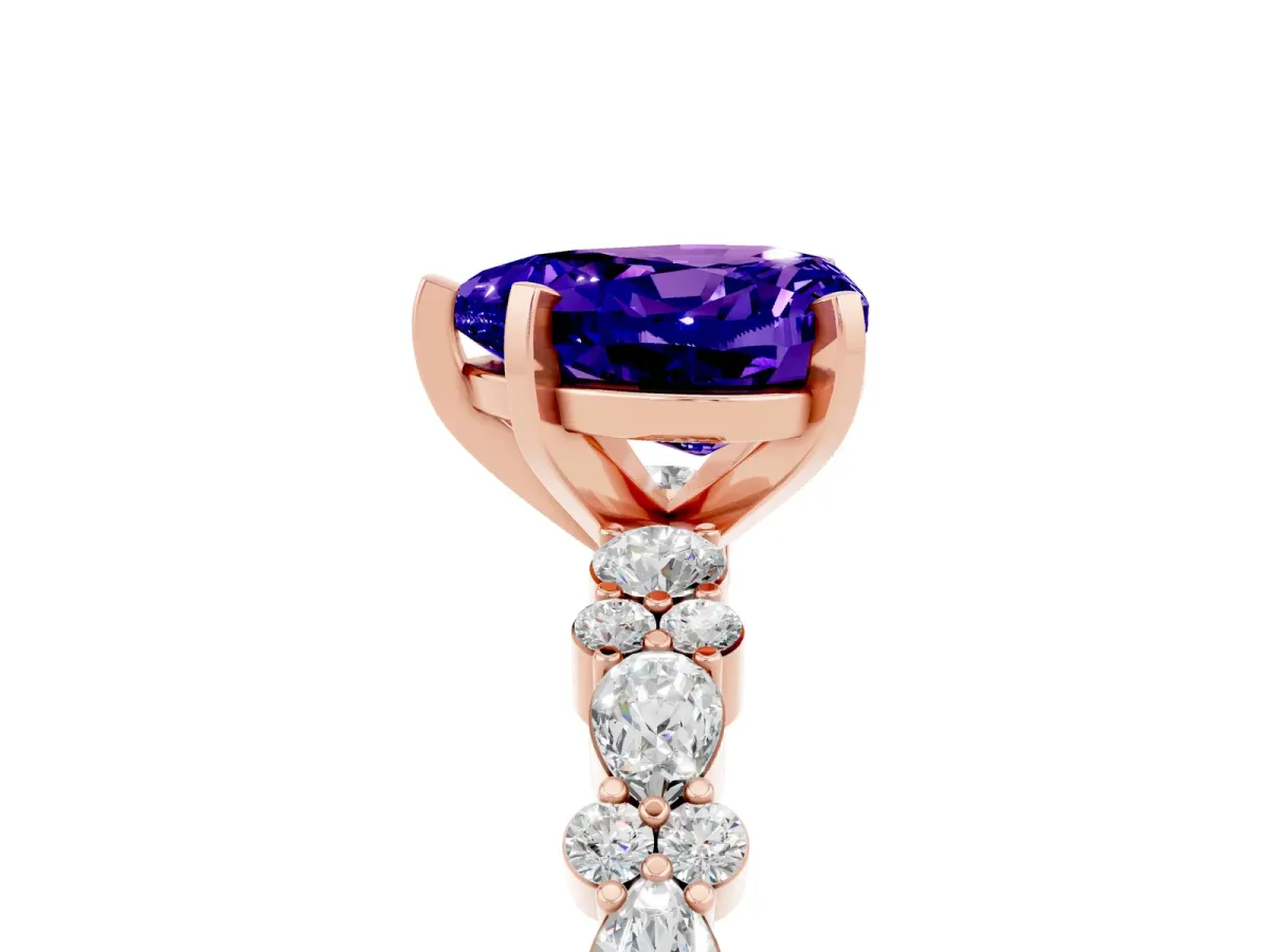 Heart Cut Tanzanite Side Stone Solitaire Ring with Round and Four-Prong Setting Rose gold